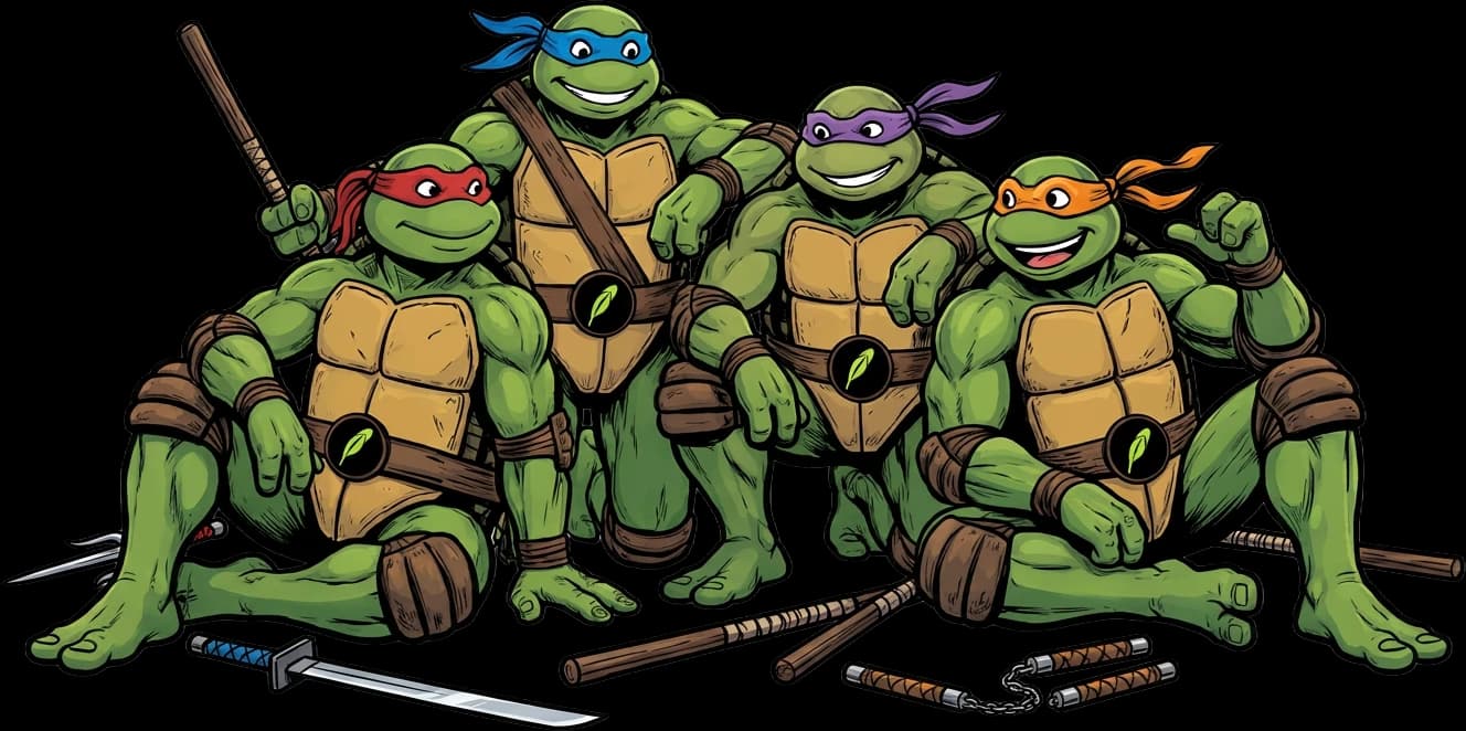 The four ninja turtles sitting together, weapons set down