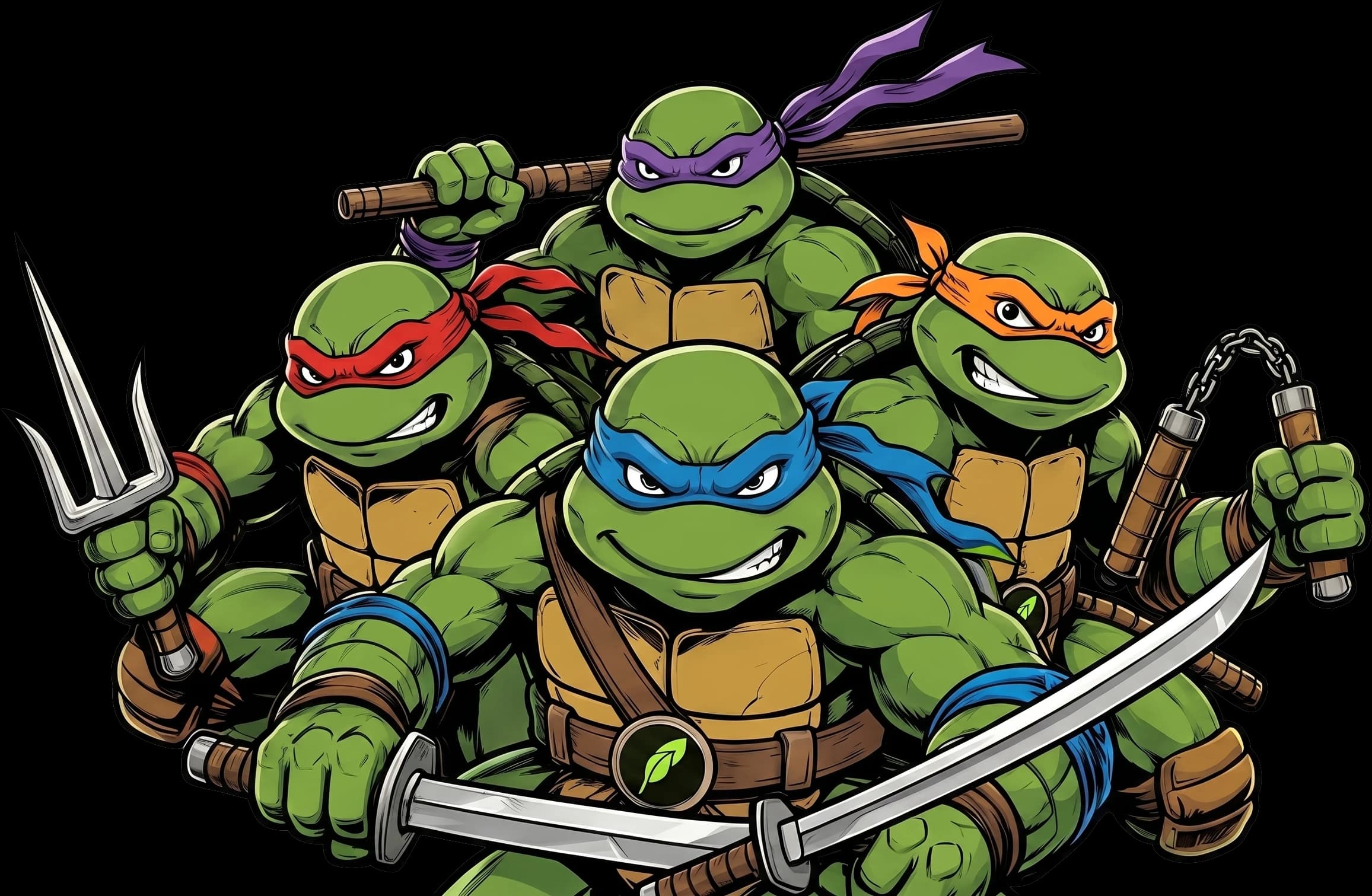 The four ninja turtles, weapons drawn